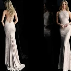 Discontinued JVN By Jovani 60137 Embellished Glitter Jersey High Neckline Prom Dress Shimmer