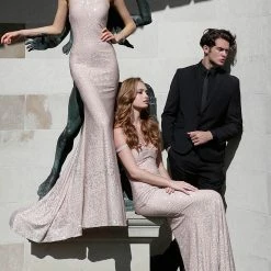 Discontinued JVN By Jovani 60137 Embellished Glitter Jersey High Neckline Prom Dress Shimmer