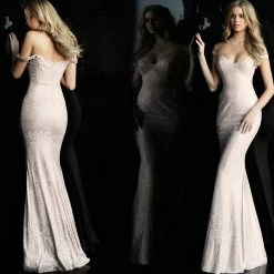 In Stock Jovani JVN60139 Blush Shimmer Prom Dress Long Glitter Gown Off The Shoulder Size 6 Long Sleeve Dresses