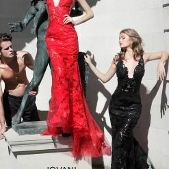 In Stock Jovani 60283 Size 10 Red Sequin Floral Lace Sheer Prom Dress Sexy Formal Gown
