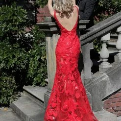 In Stock Jovani 60283 Size 10 Red Sequin Floral Lace Sheer Prom Dress Sexy Formal Gown