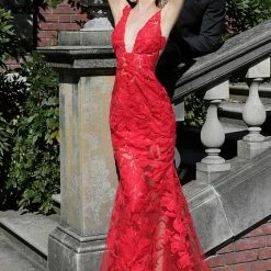 In Stock Jovani 60283 Size 10 Red Sequin Floral Lace Sheer Prom Dress Sexy Formal Gown