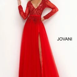 Jovani 60325 Long Sheer Sleeve A Line Formal Dress V Neck Slit Embellished Gown Long Sleeve Dresses
