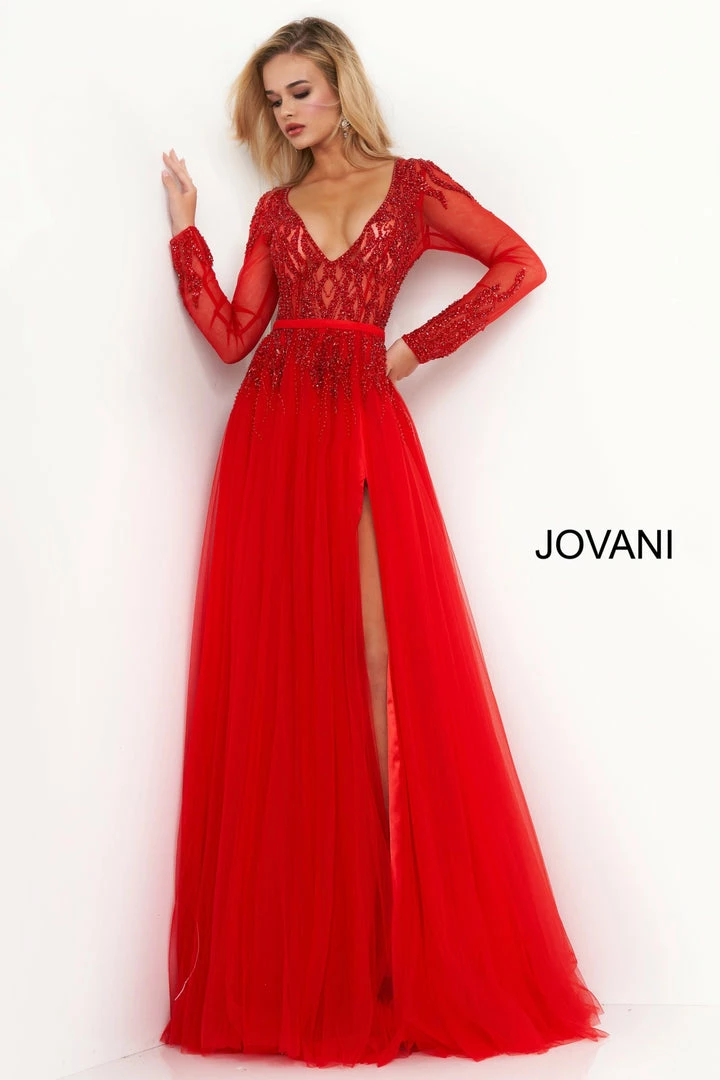 Jovani 60325 Long Sheer Sleeve A Line Formal Dress V Neck Slit Embellished Gown Long Sleeve Dresses 3 Jovani 60325 Long Sheer Sleeve A Line Formal Dress V Neck Slit Embellished Gown Long Sleeve Dresses