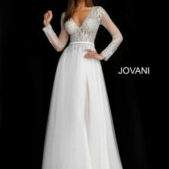 Jovani 60325 Long Sheer Sleeve A Line Formal Dress V Neck Slit Embellished Gown Long Sleeve Dresses