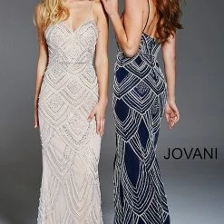Discontinued Long Sleeve Dresses Jovani 60653 Beaded Scallop Long Fitted Prom Dress Wedding Dress Evening Gown
