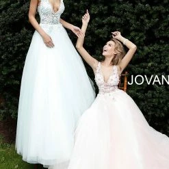 Jovani 61109 Floral Appliqué Tulle Prom Dress Ballgown Sheer V Neck Evening Gown Ballgown Dresses