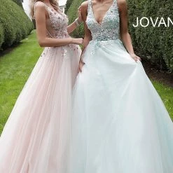 Jovani 61109 Floral Appliqué Tulle Prom Dress Ballgown Sheer V Neck Evening Gown Ballgown Dresses