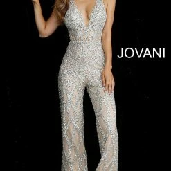 Jovani 61573 Silver Nude Plunging Neckline Beaded Contemporary Jumpsuit