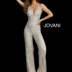 Jovani 61573 Silver Nude Plunging Neckline Beaded Contemporary Jumpsuit