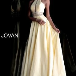 Discontinued Jovani 61645 Crew Neckline Embellished Waist Prom Dress Long Sleeve Dresses