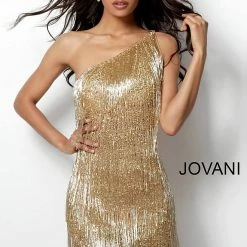 Jovani 616841 Short Fitted Sequin Cocktail Dress One Shoulder Fringe Tassels Sequin Dresses