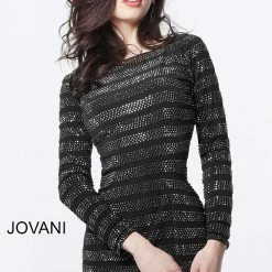 Discontinued Jovani 61881 Black Embellished Long Sleeve Cocktail Dress Long Sleeve Dresses