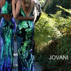 Discontinued Jovani 63204 Embellished Iridescent Sequin Prom Dress 2020 V Neck Sheer V Neck