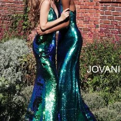 Discontinued Jovani 63204 Embellished Iridescent Sequin Prom Dress 2020 V Neck Sheer V Neck