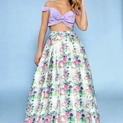 In Stock Ballgown Dresses Allie Blu 6203 Lilac Floral Print Size 8 Two Piece Ballgown Prom Dress Bow Satin A Line