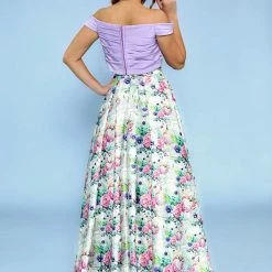 In Stock Ballgown Dresses Allie Blu 6203 Lilac Floral Print Size 8 Two Piece Ballgown Prom Dress Bow Satin A Line