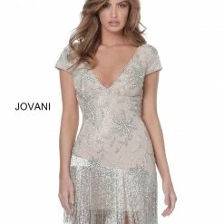 Discontinued Fringe & Tassels Jovani 62212 Short Fitted Beaded Fringe Cocktail Dress Tassel Vintage Cap Sleeve