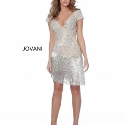 Discontinued Fringe & Tassels Jovani 62212 Short Fitted Beaded Fringe Cocktail Dress Tassel Vintage Cap Sleeve