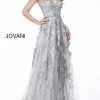 Jovani 62405 Long Silver Embellished Lace V Neck Evening Gown Prom Dress Long Sleeve Dresses