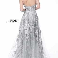 Jovani 62405 Long Silver Embellished Lace V Neck Evening Gown Prom Dress Long Sleeve Dresses