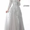 Discontinued Jovani 62777 High Neckline Long Sleeves Silver Evening Dress Long Sleeve Dresses