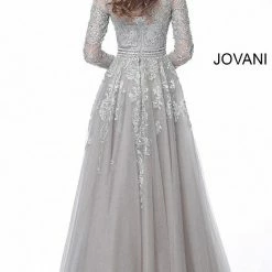 Discontinued Jovani 62777 High Neckline Long Sleeves Silver Evening Dress Long Sleeve Dresses