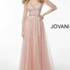 Jovani 62800 Beaded Three Quarter Sleeve Low V Neck Evening Dress