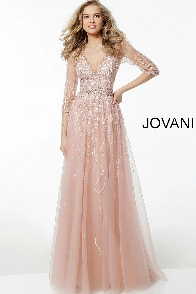 Jovani 62800 Beaded Three Quarter Sleeve Low V Neck Evening Dress 3 Jovani 62800 Beaded Three Quarter Sleeve Low V Neck Evening Dress