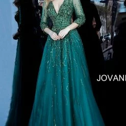 Jovani 62800 Beaded Three Quarter Sleeve Low V Neck Evening Dress 8 Jovani 62800 Beaded Three Quarter Sleeve Low V Neck Evening Dress
