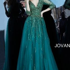 Jovani 62800 Beaded Three Quarter Sleeve Low V Neck Evening Dress