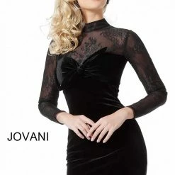 Discontinued Jovani 62959 Black Sizes 00-24 Short Cocktail Dress Sheer Lace High Neckline