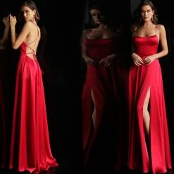Discontinued Jovani 63016 Long Satin Slit Open Back Prom Dress Backless Evening Gown Corset Corset Dresses