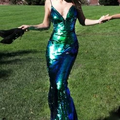 Discontinued Jovani 63204 Embellished Iridescent Sequin Prom Dress 2020 V Neck Sheer V Neck