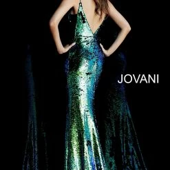 Discontinued Jovani 63204 Embellished Iridescent Sequin Prom Dress 2020 V Neck Sheer V Neck