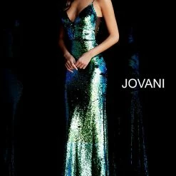 Discontinued Jovani 63204 Embellished Iridescent Sequin Prom Dress 2020 V Neck Sheer V Neck