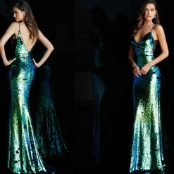 Discontinued Jovani 63204 Embellished Iridescent Sequin Prom Dress 2020 V Neck Sheer V Neck