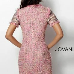 Jovani 63219 Pink Tweed Cocktail Dress Multi Knit Short Sleeve Homecoming Dress Fringe & Tassels