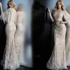 Jovani 63342 Gold One Shoulder Feather Detail Prom Dress
