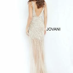Jovani 63405 Sheer High Low Side Slit Beaded Formal Dress Prom Pageant Gown Long Sleeve Dresses