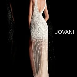 Jovani 63405 Sheer High Low Side Slit Beaded Formal Dress Prom Pageant Gown Long Sleeve Dresses