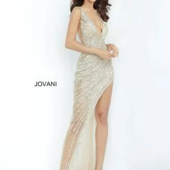Jovani 63405 Sheer High Low Side Slit Beaded Formal Dress Prom Pageant Gown Long Sleeve Dresses