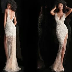 Jovani 63405 Sheer High Low Side Slit Beaded Formal Dress Prom Pageant Gown Long Sleeve Dresses