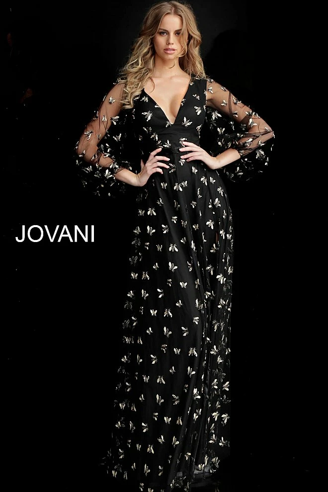 Jovani 63582 Black/ Gold Embroidered Bee Details Evening Gown 3 Jovani 63582 Black/ Gold Embroidered Bee Details Evening Gown