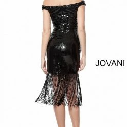 Discontinued Jovani 63636 Black Fringe Skirt Cocktail Dress
