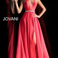 Discontinued Long Sleeve Dresses Jovani 63652 Halter Neckline Embellished Belt A Line Prom Dress