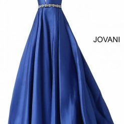 Discontinued Long Sleeve Dresses Jovani 63652 Halter Neckline Embellished Belt A Line Prom Dress