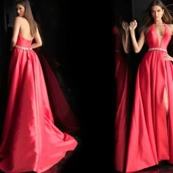 Discontinued Long Sleeve Dresses Jovani 63652 Halter Neckline Embellished Belt A Line Prom Dress