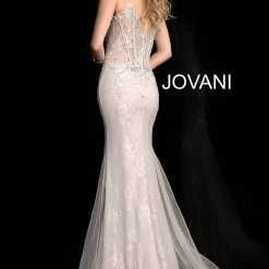 Discontinued Jovani 63673 Silver Lace Sheer Corset Embellished Mermaid Prom Dress Pageant Gown Corset Dresses