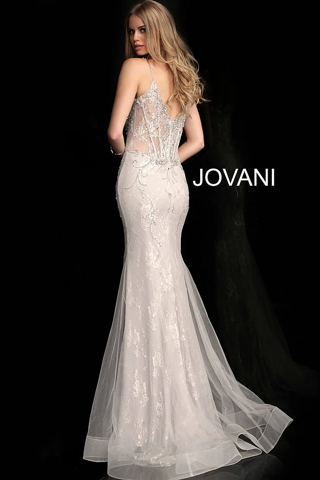 Discontinued Jovani 63673 Silver Lace Sheer Corset Embellished Mermaid Prom Dress Pageant Gown Corset Dresses 4 Discontinued Jovani 63673 Silver Lace Sheer Corset Embellished Mermaid Prom Dress Pageant Gown Corset Dresses